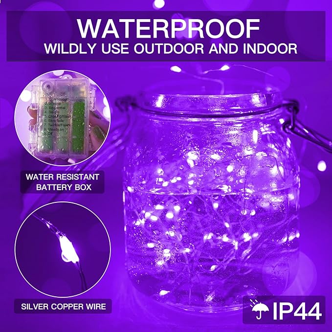 suddus Hallowee Purple Lights Battery Operated, 66ft 200 LED Twinkle Lights Battery Operated, Purple Fairy Lights for Christmas Tree, Garland, Bedroom, Backyard, Porch, Yard, Party Decorations