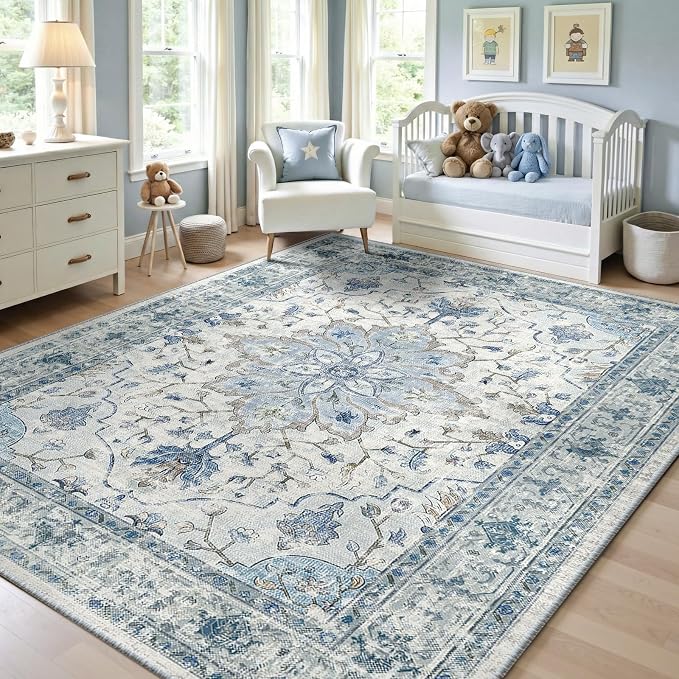 RELEANY Washable Area Rug, Water Repellent, Pet Friendly, Vintage Floral Boho by RELEANY