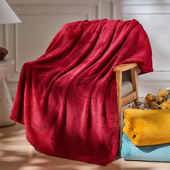NEWCOSPLAY Super Soft Queen Blanket Red Premium Silky Flannel Fleece Leaves Pattern Lightweight Bed Blanket All Season Use (Red, Queen(90"x90"))