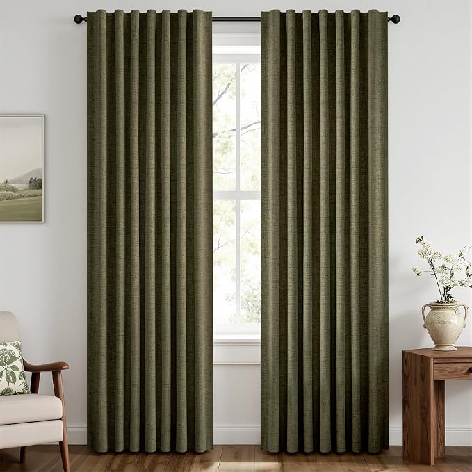 MIULEE 100% Blackout Linen Curtains 42 x 63 Inch Light Olive Green 2 Panels | by MIULEE