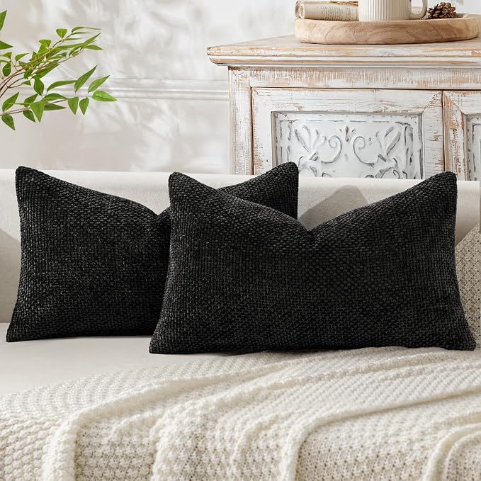 MIULEE Decorative Lumbar Throw Pillow Covers 12x20 Inch Black 2 Pack | Modern by MIULEE