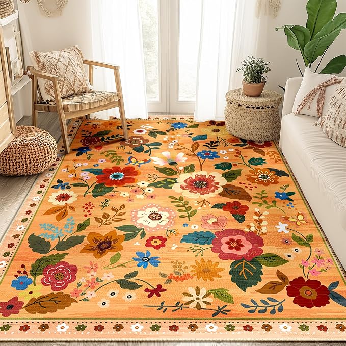 RELEANY Floral Washable 4x6 Area Rugs Yellow/Orange/Red | Flower Carpet Print - Image 9