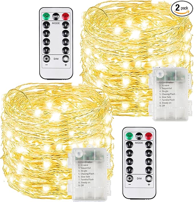 2 Pack 200LED Christmas Battery Operated Fairy Lights with Remote, 8 Modes String Light with Timer, Dimmable, Memory Function, Waterproof Twinkle Lights for Outdoor Indoor Christmas Decor(Warm White)
