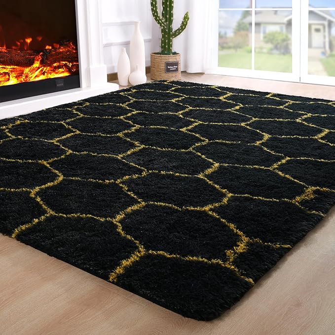 Noahas 5x7 Black Gold Fluffy Soft Area Rug Non-Slip by ModernHomeDecor