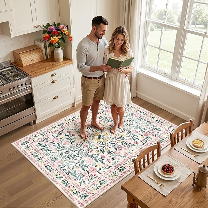 PLHXFR Area Rug Living Room: 3x5 Floral Washable Boho Carpet Pink Green | - Image 3