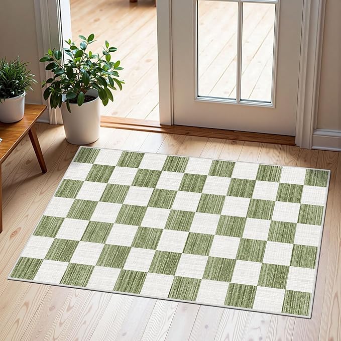 Front Door Mat Outside Entrance 2x3 Green White Checkered Rug | Non-Slip by Othilic