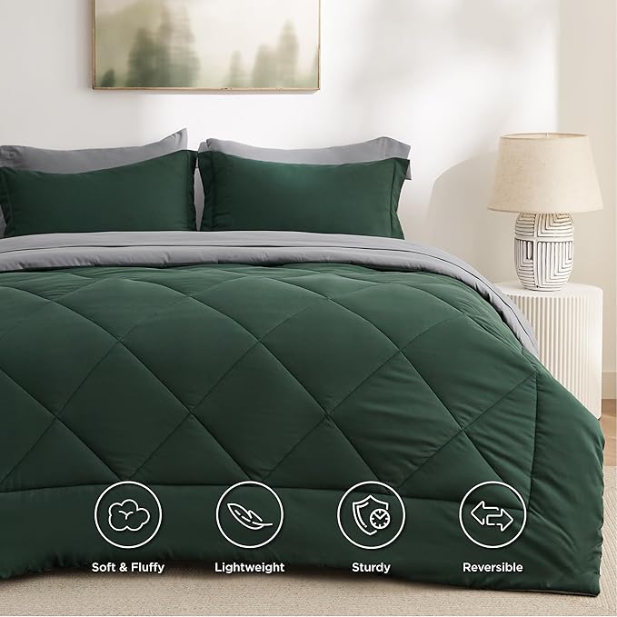 Bedsure Twin Comforter Set - 5 Pieces Reversible Forest Green Bedding, Twin Size Bed Set for All Seasons, Bed in a Bag with Down Alternative Comforter, Sheets, Pillowcase & Sham