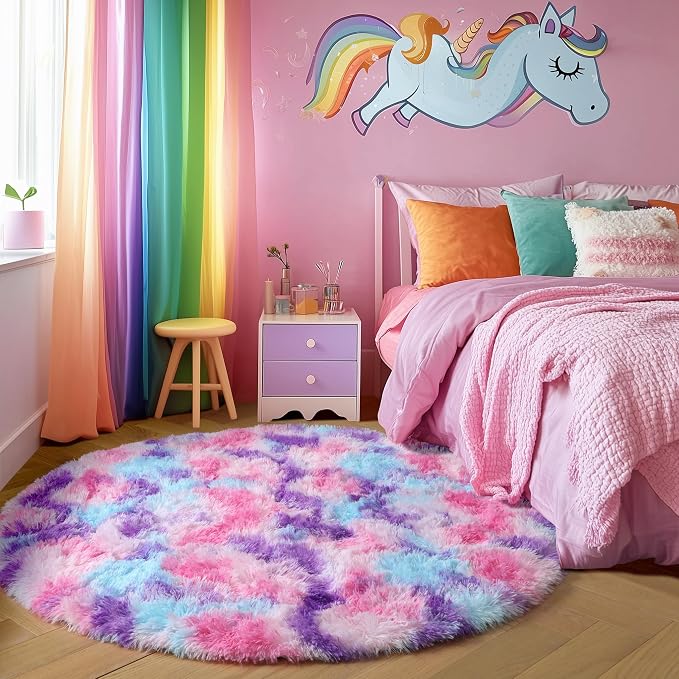 Amdrebio Pink Blue Purple Round Circle Rug 4Ft - Image 3