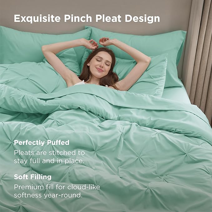 Bedsure King Size Comforter Set Mint Green - Bed in a Bag Bedding Set 7 Pieces, GentleSoft™ Pintuck Bed Set Gift for Family, Pinch Pleat Mint Green Comforter with Sheets, Pillowcases & Shams