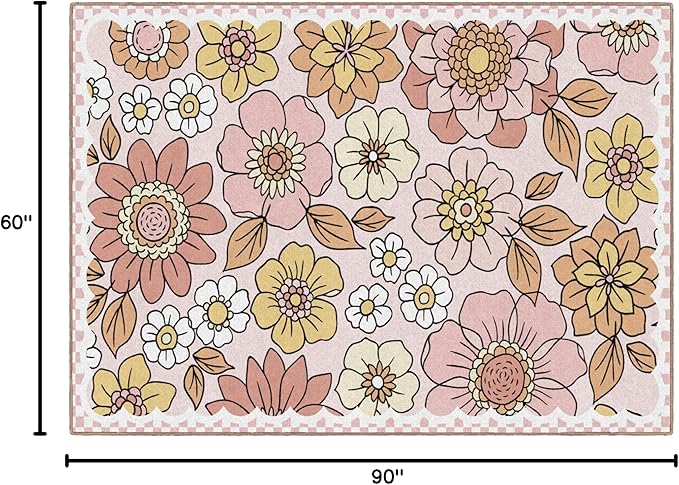 Flagship Carpets Schoolgirl Style Retro Floral Educational Area Rug for Kids Room Seating Décor, Children's Classroom, Play Carpet for Teaching and Playroom, 5' x 7'6", Pink
