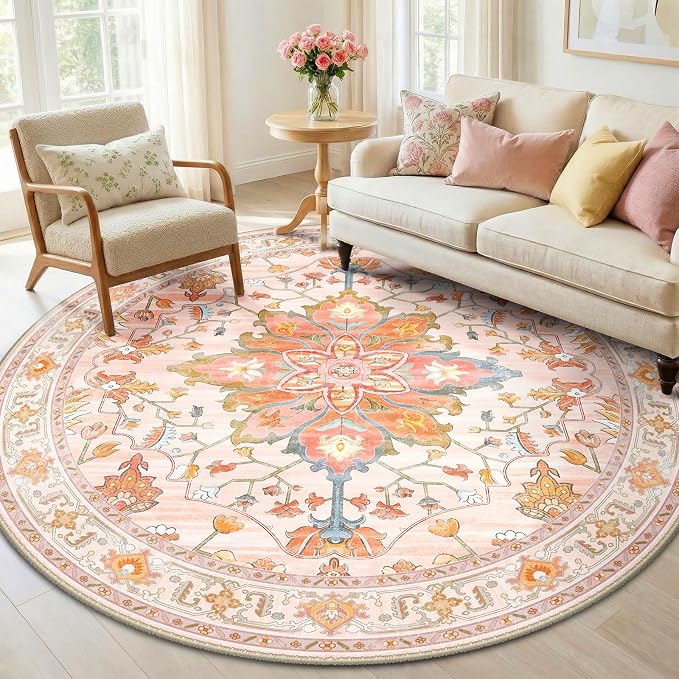 RELEANY Washable Area Rug, Round 6ft, Water Repellent, Pet Friendly, Vintage by RELEANY