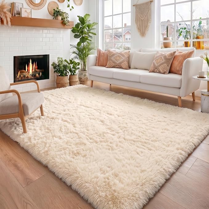 Amdrebio Beige Boho Fluffy Area Rug 5x8 by Amdrebio