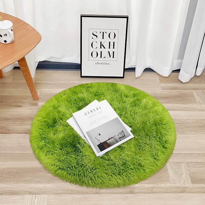 Tie Dye Green Round Rugs Small 3x3 ft Fluffy Circle Rug Furry Carpet Shaggy - Image 6