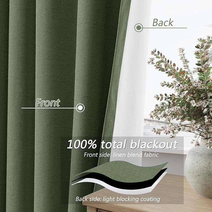 Olive Green 100% Blackout Curtains 63 Inch Length 2 Panels Set - Image 4