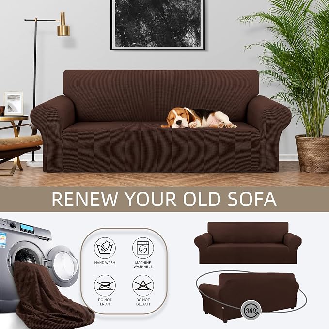 Stretch Couch Covers for Sofa, 3 Cushion Couch Slipcover, Chocolate | 1-Piece - Image 3