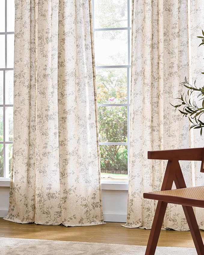 Grey Vintage Floral Linen Curtains Farmhouse 38W X 84L 2 Panels | Elisa Series - Image 7