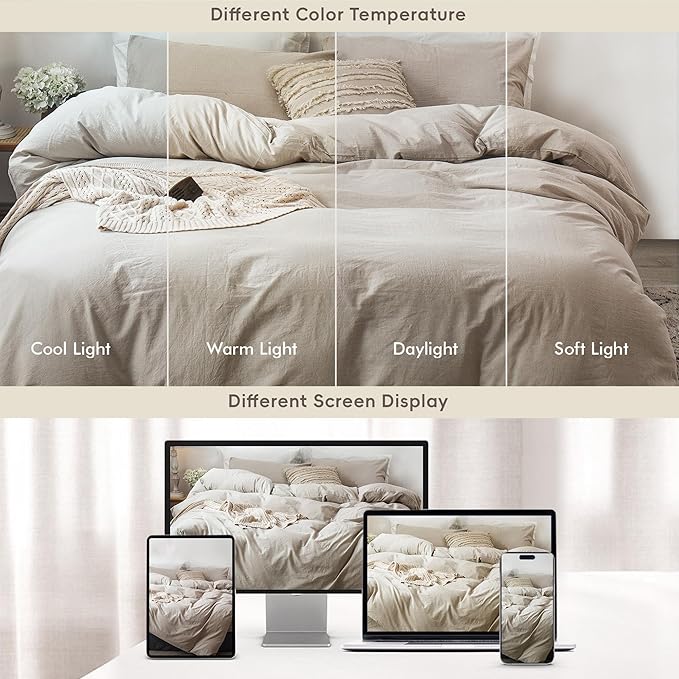 MooMee Bedding Duvet Cover Set 100% Washed Cotton Linen Like Textured Breathable Durable Soft Comfy (Heathered Tannish Linen Grey, Alaska King 132"x120")