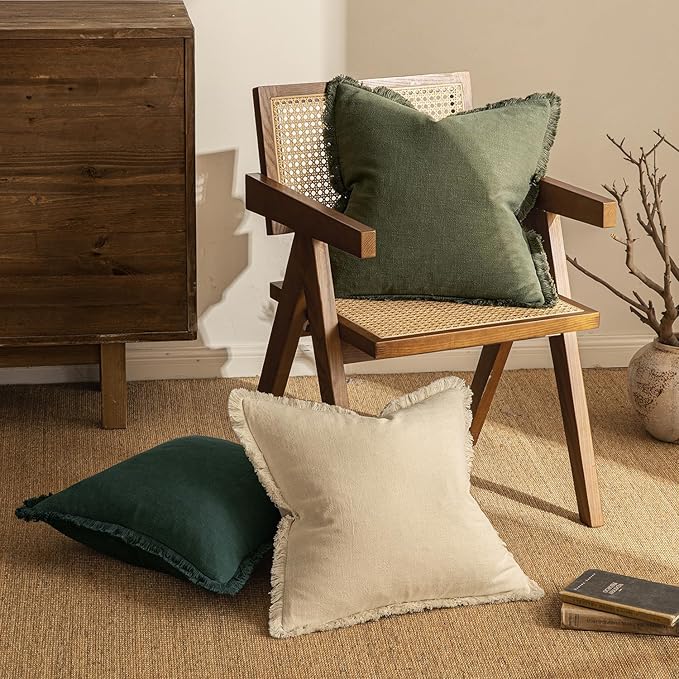MIULEE Linen Fringe Decorative Euro Throw Pillow Covers Olive Green 22x22 | Set - Image 4