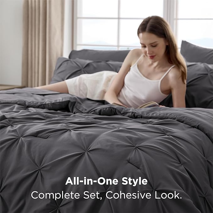 Bedsure Full Comforter Set Dark Grey - Bed in a Bag Full Size Bedding Set 7 Pieces, GentleSoft™ Pintuck Bed Set Gift for Family, Pinch Pleat All Season Comforter with Sheets, Pillowcases & Shams