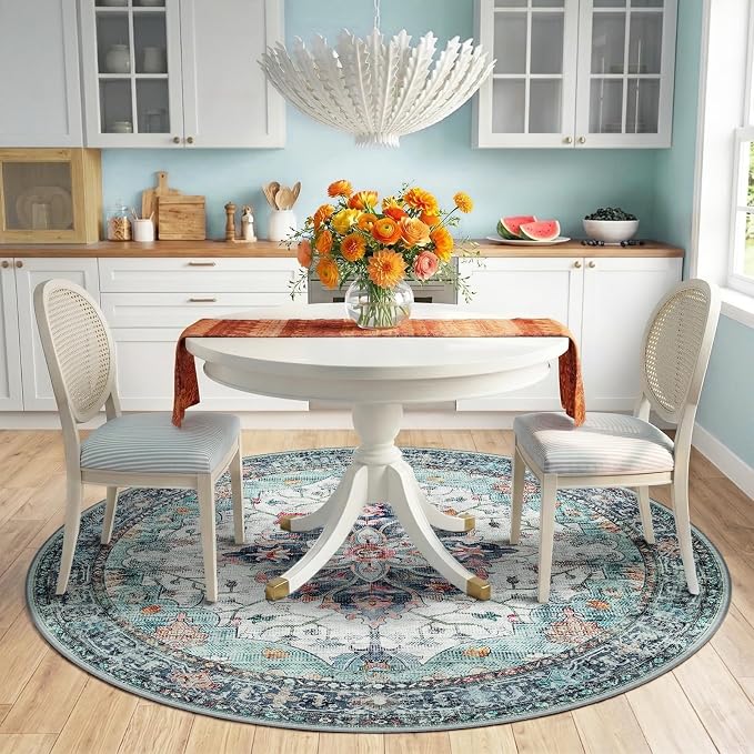 RELEANY Washable Area Rug, Round 6ft, Teal Green/White/Navy | Non-Slip - Image 2