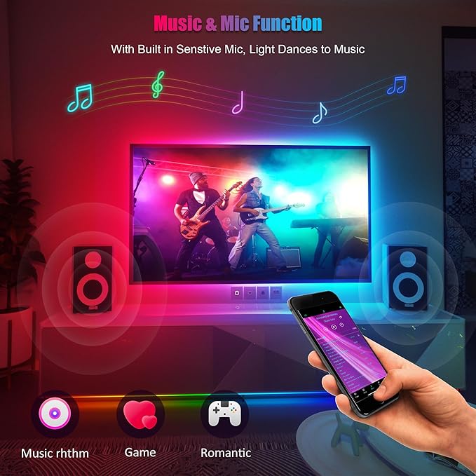 PANGTON VILLA LED Lights for TV 40-60 Inch, 10FT (1 Roll of 10ft) ICRGB TV LED Backlight Kit with Bluetooth APP & 24 Keys Remote, Music Sync Lights Behind, USB Cable Powered, Not Waterproof