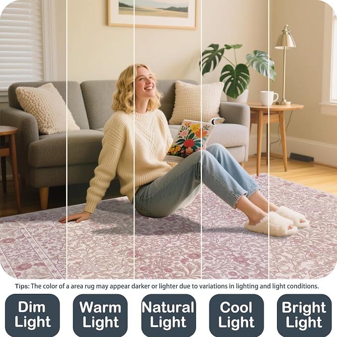 Vintage Pink Living Room Rug, 9x12 Washable Area Rugs - Image 4