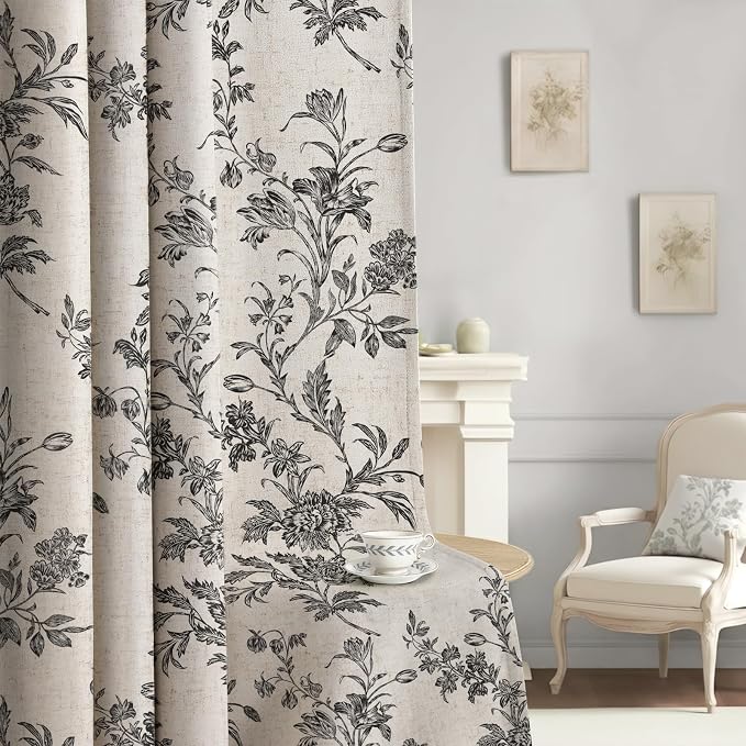 Black Boho Floral 100% Blackout Curtains 84 Inch 2 Panels | Farmhouse Vintage by Unknown