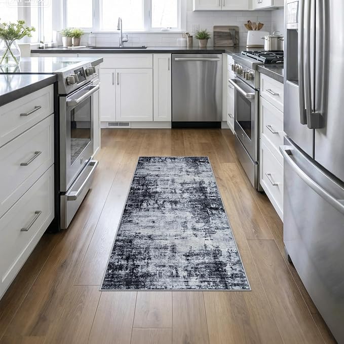 2x5 Washable Runner Rug：Modern Abstract Soft Carpet Dark Black | by FXRHLP