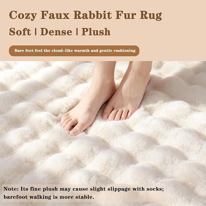 Creamy White Rabbit Plush Rug 3'x5', Fluffy Shaggy Area Rug - Image 4