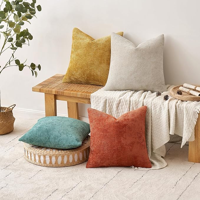 MIULEE Decorative Chenille Fall Pillow Covers Orange Teal 20x20 Pack of 4 | - Image 5