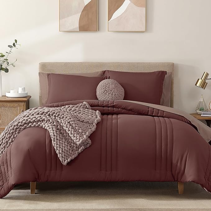 Monbix Full Comforter Set - 7 Pieces Dark Red Bed in a Bag Full Size Bedding Sets with Comforters, All Seasons Down Alternative Comforter with Sheets,Pillowcases & Shams