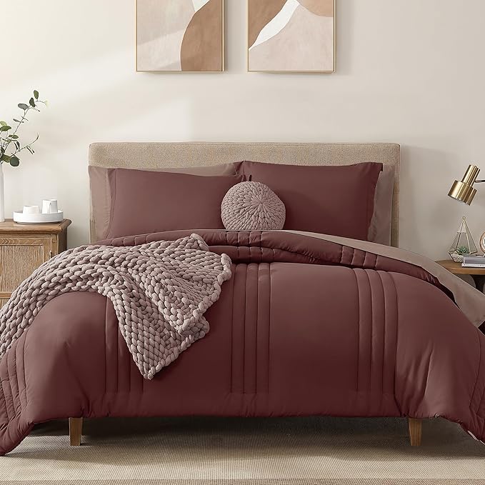 Monbix Queen Comforter Set - 7 Pieces Dark Red Bed in a Bag Queen Bedding Sets with Comforters, All Seasons Down Alternative Comforter Bed Set with Sheets, Pillowcases & Shams