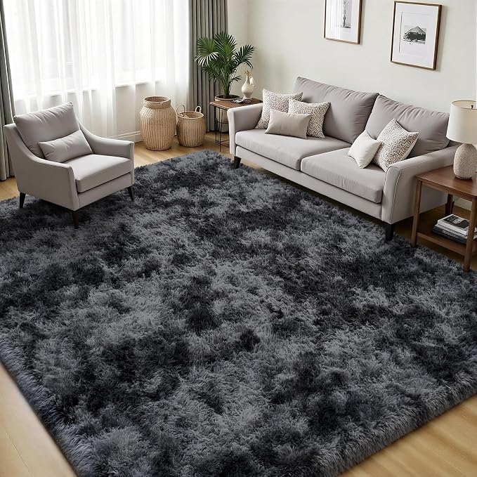 PLHXFR 5x7 Area Rugs Living Room: Fluffy Bedroom Soft Shag Rug Black Grey | - Image 3