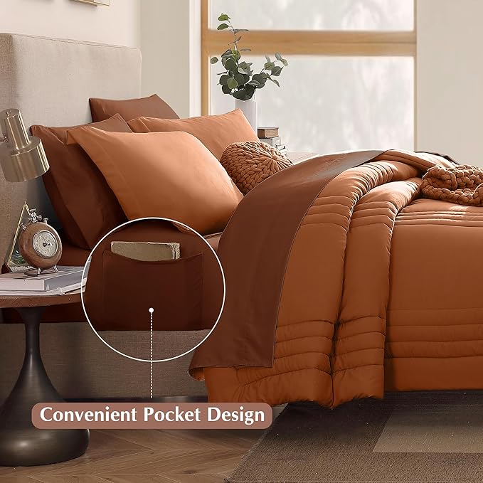 Monbix King Size Comforter Set - 7 Pieces Bed in a Bag King, Burnt Orange Bedding Sets with Comforter, All Seasons Down Alternative Comforter Bed Set with Sheets, Pillowcases & Shams