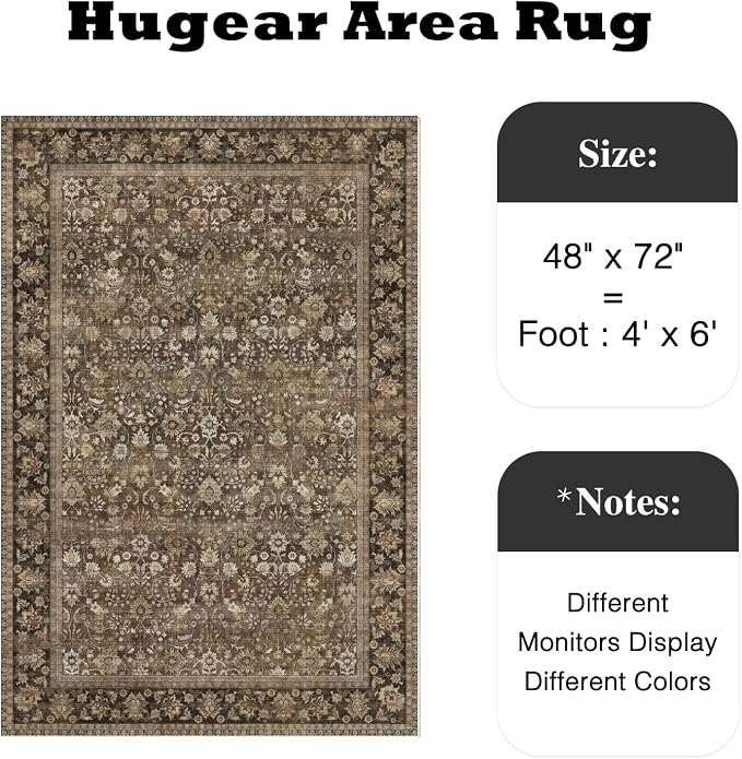 4x6 Brown Vintage Floral Washable Area Rug - Image 2