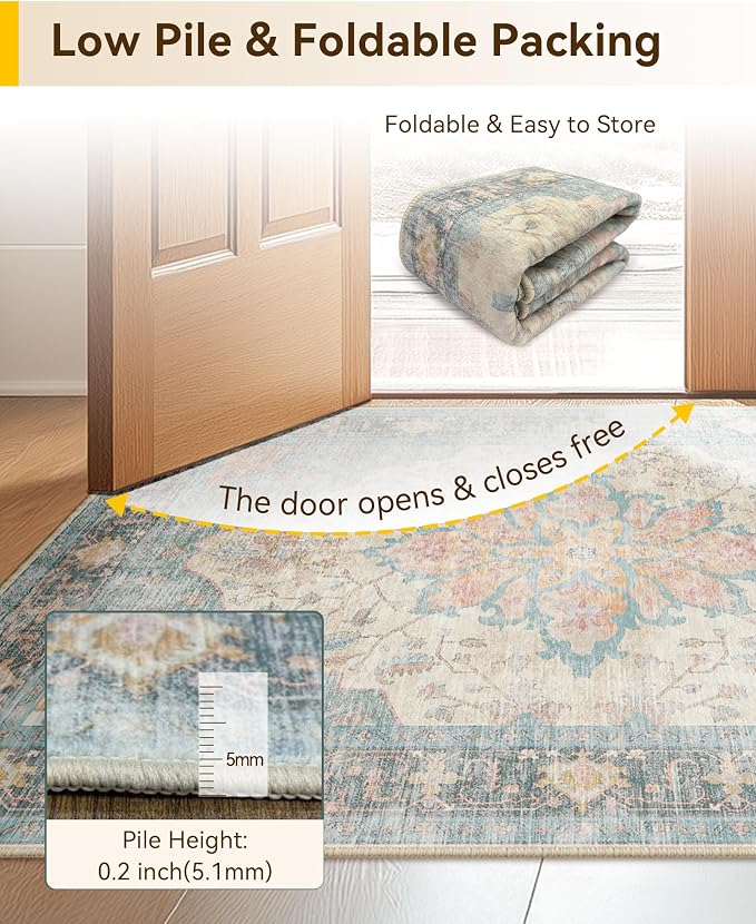 RELEANY Washable Area Rug, Water Repellent, Pet Friendly, Vintage Floral Boho - Image 5