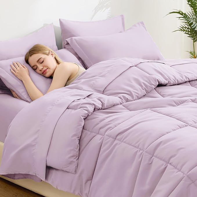 Love's cabin Full Comforter Set Light Purple, 7 Pieces Full Bed in a Bag, All Season Bedding Sets with 1 Comforter, 1 Flat Sheet, 1 Fitted Sheet, 2 Pillowcase and 2 Pillow Sham