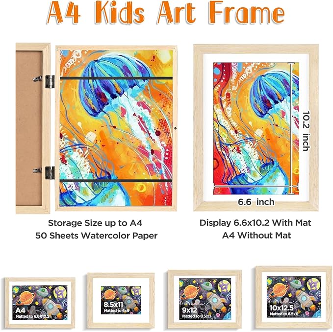 KINLINK A4 Kids Art Frames Set of 2, Solid Wood Kids Artwork Frames Changeable with Acrylic Front Opening Holds 150 Pictures 8.3x11.7, Art Frame for Kids Artwork with Mat or without Mat, Natural