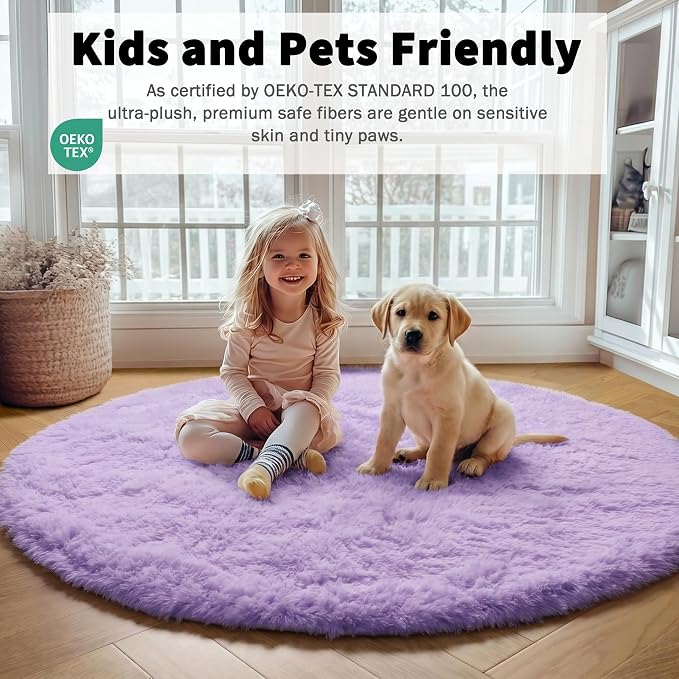 Light Purple Round Rugs 5ft, Fluffy Soft Circle Area Rug - Image 4