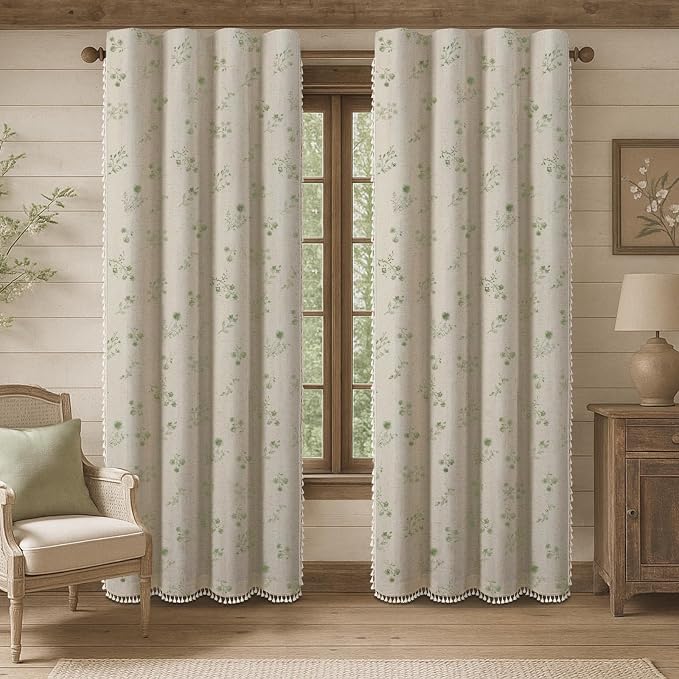Boho Floral 100% Blackout Curtains 84 Inch 2 Panels Green | Farmhouse Vintage - Image 2