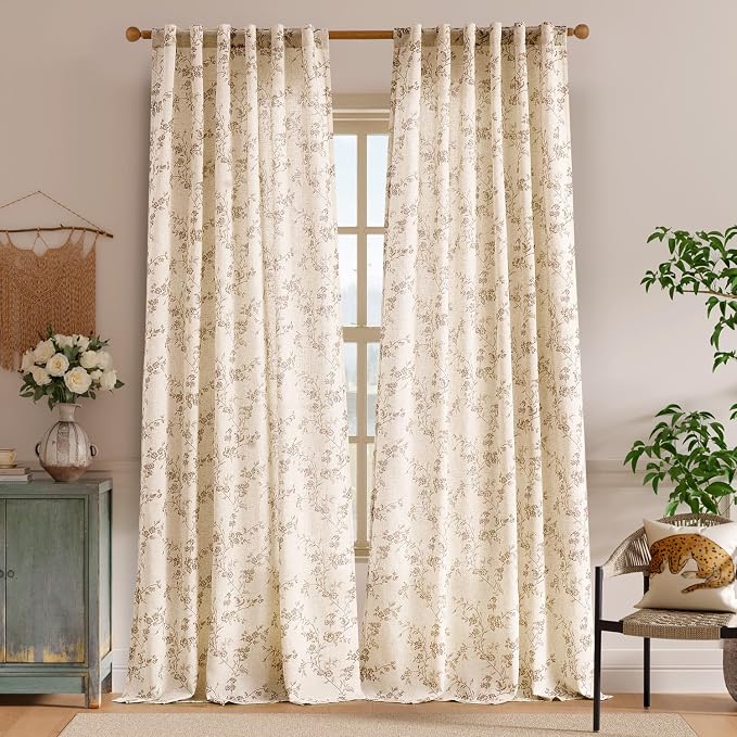 Extra Long Taupe Vintage Floral Linen Curtains Farmhouse 2 Panels | Elisa Series - Image 2