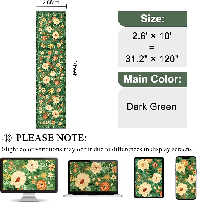 DUKINO 2.6x10 Hallway Runner Rug Washable Kitchen Rugs Non Slip Dark Green | - Image 2