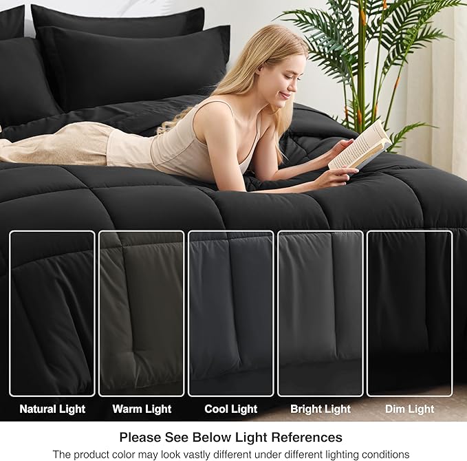 Love's cabin Full Comforter Set Ash Black, 7 Pieces Full Bed in a Bag, All Season Bedding Sets with 1 Comforter, 1 Flat Sheet, 1 Fitted Sheet, 2 Pillowcase and 2 Pillow Sham