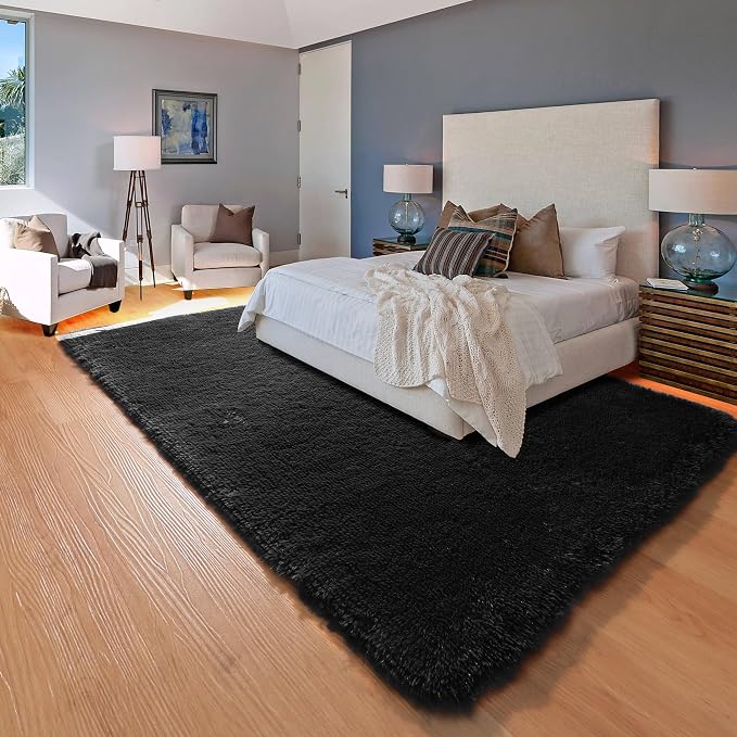Black Area Rugs for Living Room Bedroom, 5x8 Fluffy Shaggy Rug, Soft Plush - Image 5