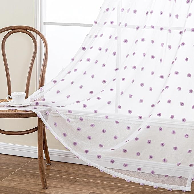 MYSKY HOME White Sheer Curtains for Bedroom 63 Inch Length Purple Pom Pom Short Curtains for Girls Room Kids Curtains Dining Room Rod Pocket Light Filtering Small Window Drapes 52 x 63 in 2 Pieces