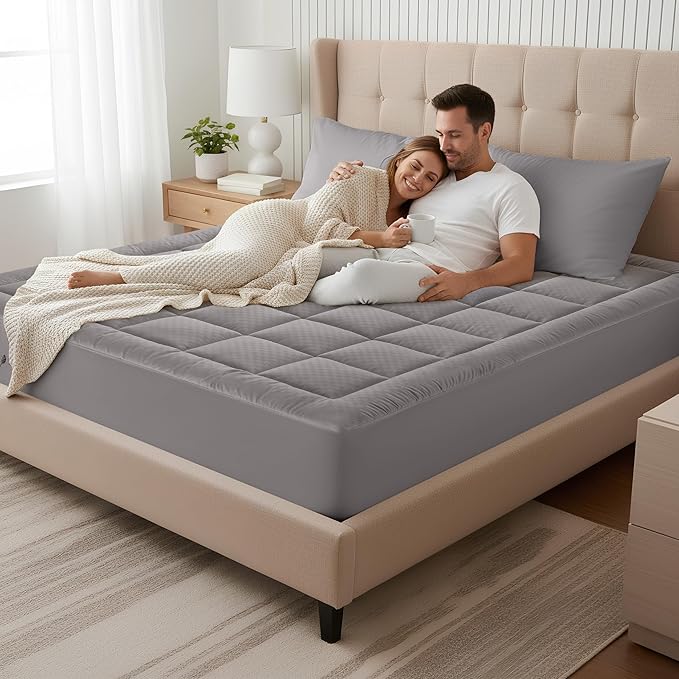 OLANLY Queen Quilted Fitted Mattress Pad – Soft Down Alternative Pillow Top Mattress Topper, Cooling Comfort Breathable Mattress Cover, Machine Washable Deep Pocket Mattress Protector, Light Grey