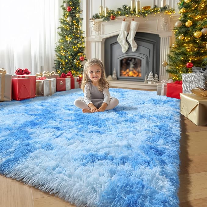 Amdrebio Tie-Dyed Light Blue Shaggy Kids Area Rug 4x6 by Amdrebio