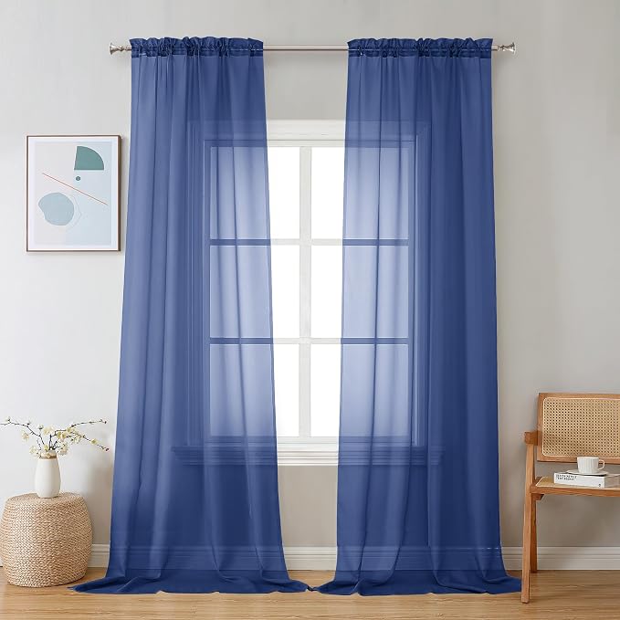 Chyhomenyc Sheer Royal Blue Curtains 90 inches Long 2 Panels, Light Filtering by Chyhomenyc