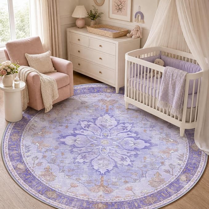 RELEANY Washable Area Rug, Round 5ft, Water Repellent, Pet Friendly, Vintage by RELEANY