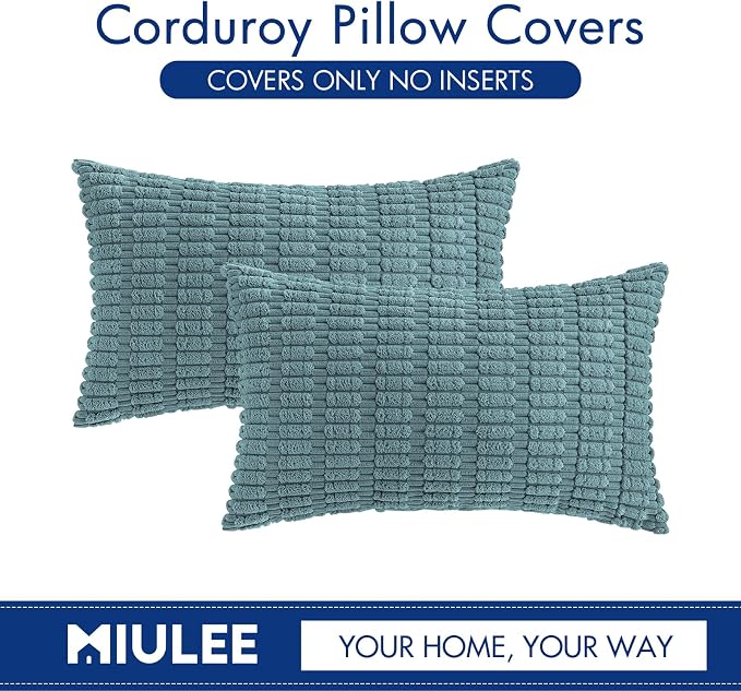MIULEE Lumbar Corduroy Decorative Throw Pillow Covers 12x20 Coastal Blue | Pack - Image 6